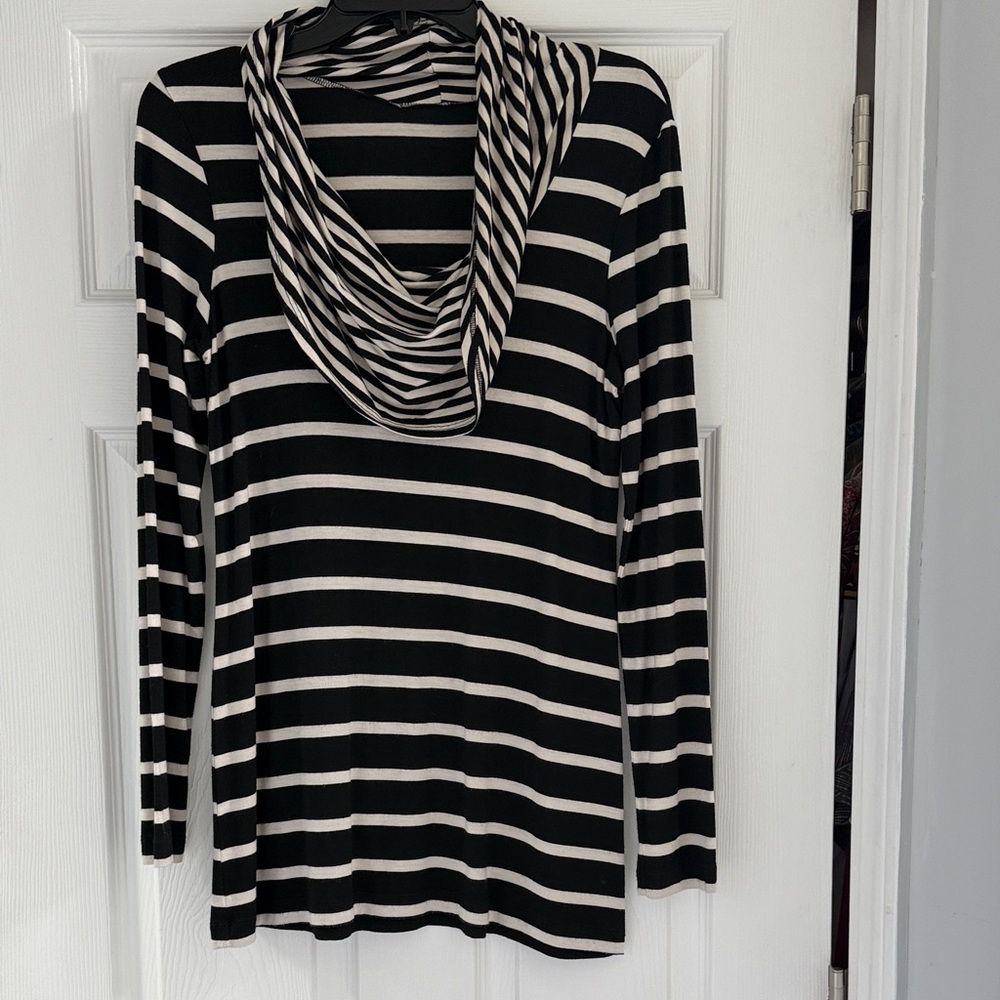 Karen Kane Black and White Striped Cowl Neck Top